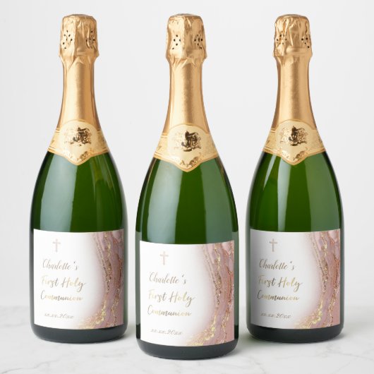 ピンクの流体大理石ファースト・コミュニオン スパークリングワインラベル (ボトル)