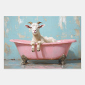 ピンクの浴槽に入ったヤギ ラッピングペーパーシート (正面)