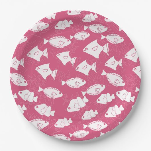 ピンクの海で泳ぐ白魚 ペーパープレート (正面)