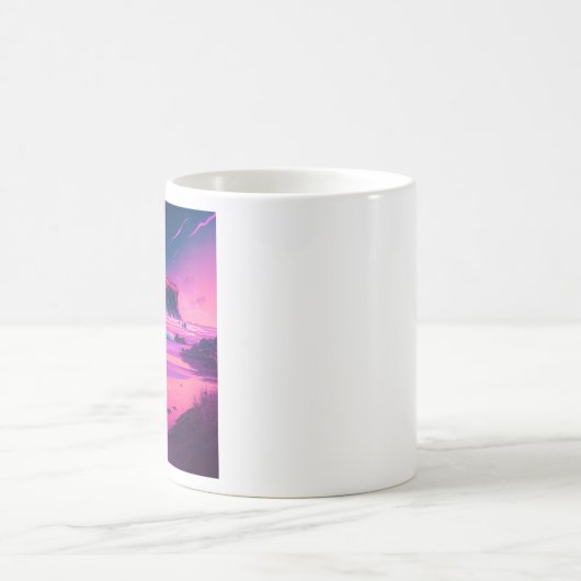 ピンクの海とパームツリーデジタルアート コーヒーマグカップ (中央)