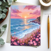 ピンクの海と夕焼けの水彩花の絵 ポストカード