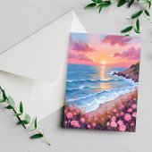 ピンクの海と夕焼けの水彩花の絵 ポストカード