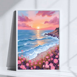 ピンクの海のサンセット 水彩花の絵 ポスター