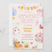 ピンクの海の中 かわいいサメ 誕生日おめでとうガール 招待状 (正面)