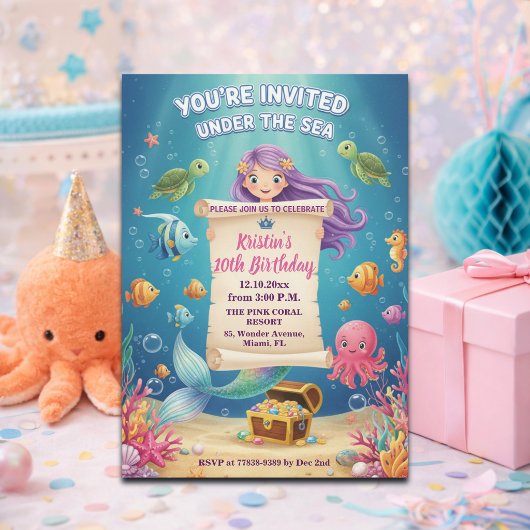 ピンクの海の人魚 10歳の誕生日パーティー 招待状