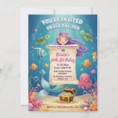 ピンクの海の人魚 10歳の誕生日パーティー 招待状 (正面)