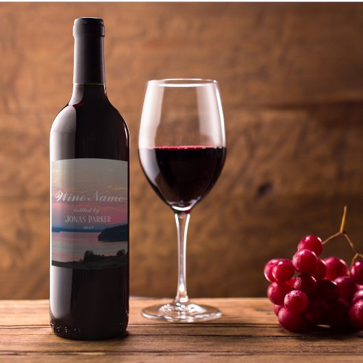 ピンクの海の夕日の写真パーソナライズされた ワインラベル