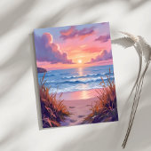 ピンクの海の夕日 ビーチの水彩画カード