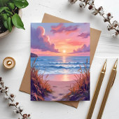 ピンクの海の夕日 ビーチの水彩画カード