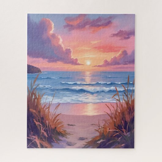 ピンクの海の夕焼けビーチの水彩画 ジグソーパズル (縦)