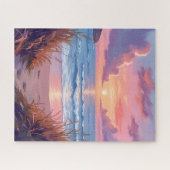 ピンクの海の夕焼けビーチの水彩画 ジグソーパズル (横)