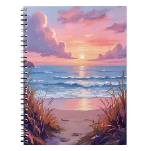 ピンクの海の夕焼けビーチの水彩画 ノートブック (正面)