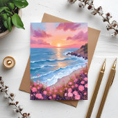ピンクの海の夕焼け 水彩花の絵はがき