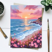ピンクの海の夕焼け 水彩花の絵はがき
