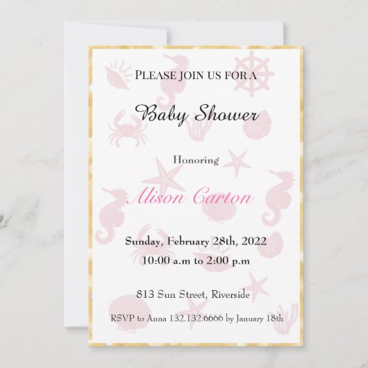 ピンクの海の模様の赤ちゃんシャワーの招待 招待状 (正面)