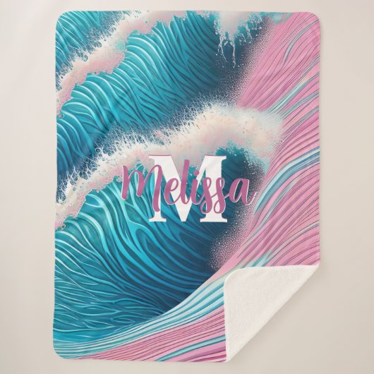 ピンクの海の水モノグラム シェルパブランケット (正面)