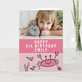 ピンクの海の生き物 カニの殻の女の子の誕生日写真 カード