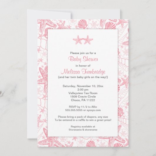 ピンクの海の貝、ヒトデ双子のベビーシャワー 招待状 (正面)