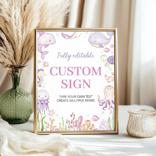 ピンクの海動物の女の子のパーティーカスタムテーブルの記号 ポスター