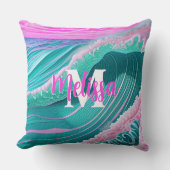 ピンクの海波モノグラム クッション (正面)