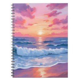 ピンクの海洋波のサンセット水彩画 ノートブック