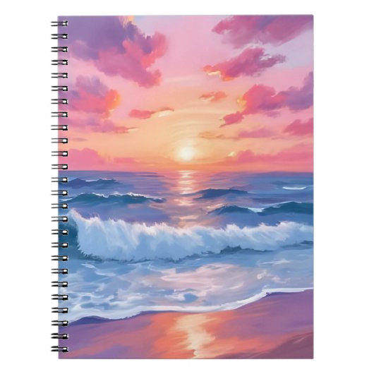 ピンクの海洋波のサンセット水彩画 ノートブック (正面)