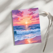 ピンクの海洋波夕焼け水彩カード