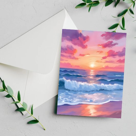 ピンクの海洋波夕焼け水彩カード