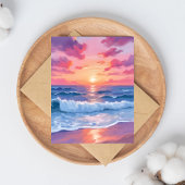 ピンクの海洋波夕焼け水彩カード