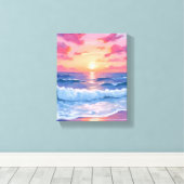ピンクの海洋波夕焼け水彩画 キャンバスプリント (インサイチュ (ウッドフロア))