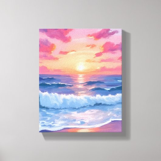 ピンクの海洋波夕焼け水彩画 キャンバスプリント (正面)