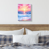ピンクの海洋波夕焼け水彩画 キャンバスプリント (インサイチュ (寝室))