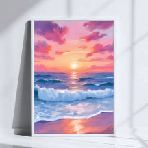 ピンクの海洋波夕焼け水彩画