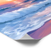 ピンクの海洋波夕焼け水彩画 ポスター (角)