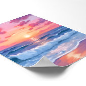ピンクの海洋波夕焼け水彩画 ポスター (角)