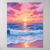 ピンクの海洋波夕焼け水彩画 ポスター (正面)