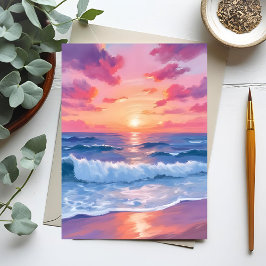 ピンクの海洋波夕焼け水彩画 ポストカード