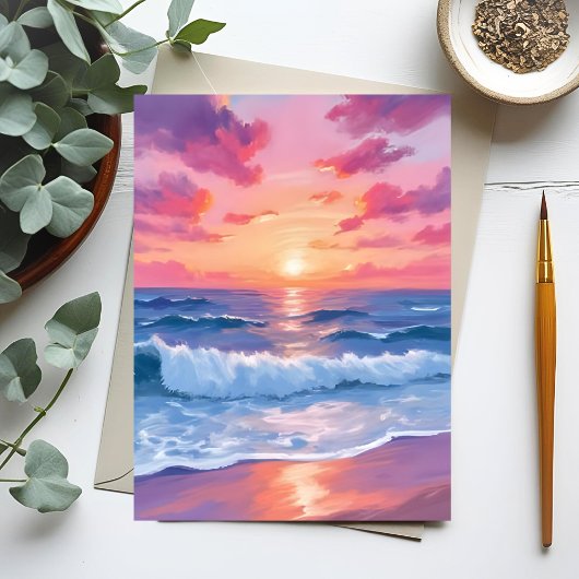 ピンクの海洋波夕焼け水彩画 ポストカード