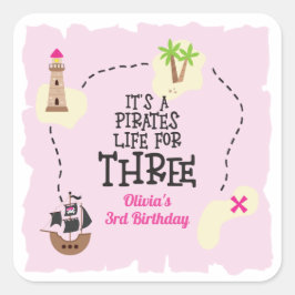 ピンクの海賊3歳の誕生日おめでとう スクエアシール