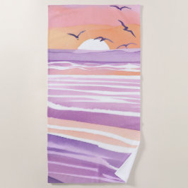 ピンクの海｜水彩画の日の入り 海の波 ビーチタオル