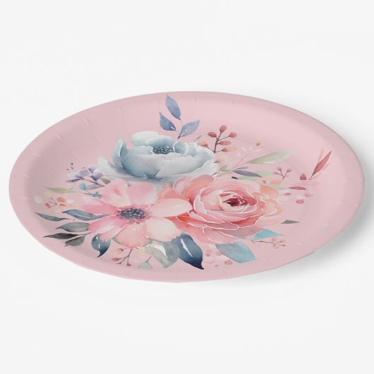 ピンクの淡い色の牡丹フローラブーケシャワー ペーパープレート (アングル)