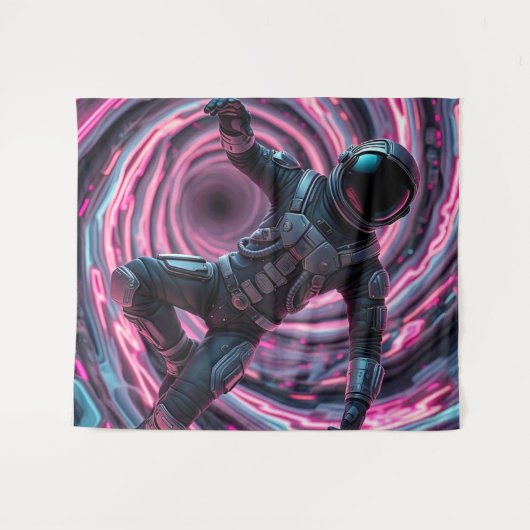 ピンクの渦の前の宇宙飛行士 タペストリー (正面(横))