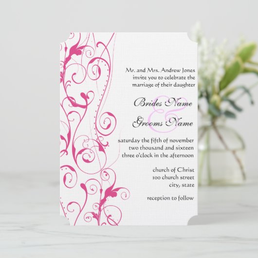 ピンクの渦巻き結婚式招待状予算サイズ小 招待状 (スタンド正面)