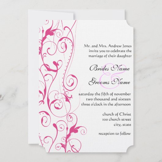 ピンクの渦巻き結婚式招待状予算サイズ小 招待状 (正面)