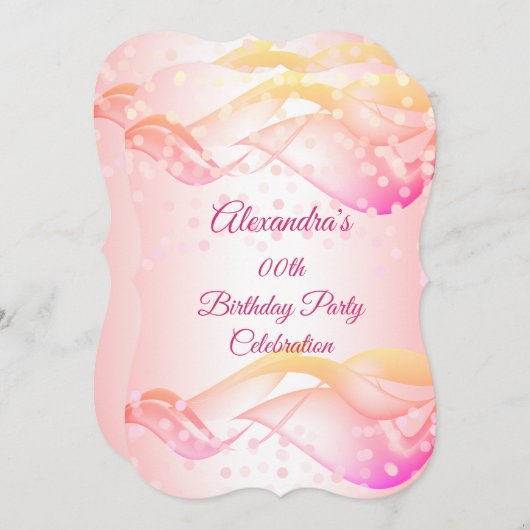 ピンクの渦巻き金ゴールドライト誕生日パーティーの招待 セーブザデート (正面/裏面)