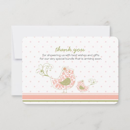 ピンクの渦巻形のなお母さん及びひな鳥の上品のサンキューカード サンキューカード (正面)