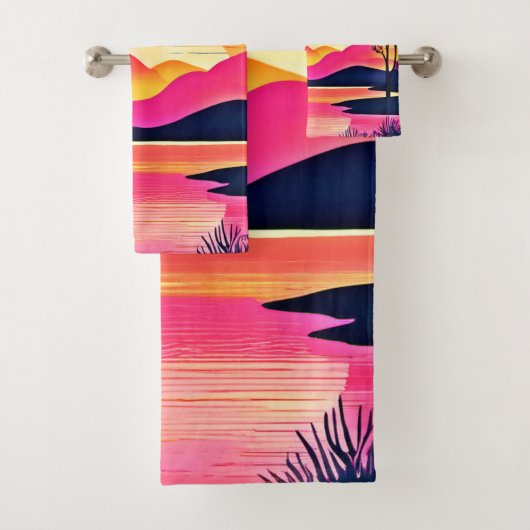 ピンクの湖に沈む金の夕陽のアート バスタオルセット (インサイチュ)