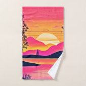 ピンクの湖に沈む金の夕陽のアート バスタオルセット (ハンドタオル)