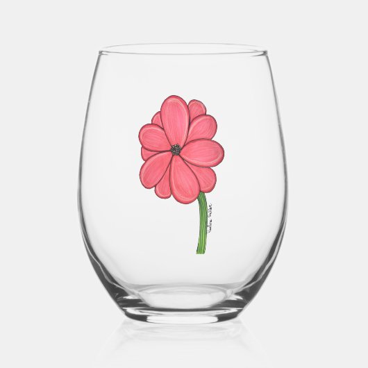 ピンクの満開の花 ステムなしワイングラス (正面)