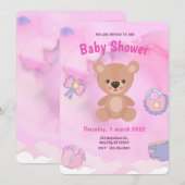 ピンクの漫画くま レインボー ベイビー シャワー 招待状 (正面/裏面)